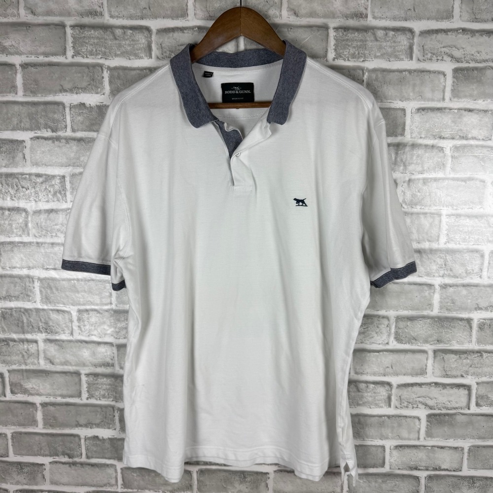 Rodd & Gunn Mens 2XL White Sports Fit Cotton Pique Polo Shirt Sporty Blue Trim